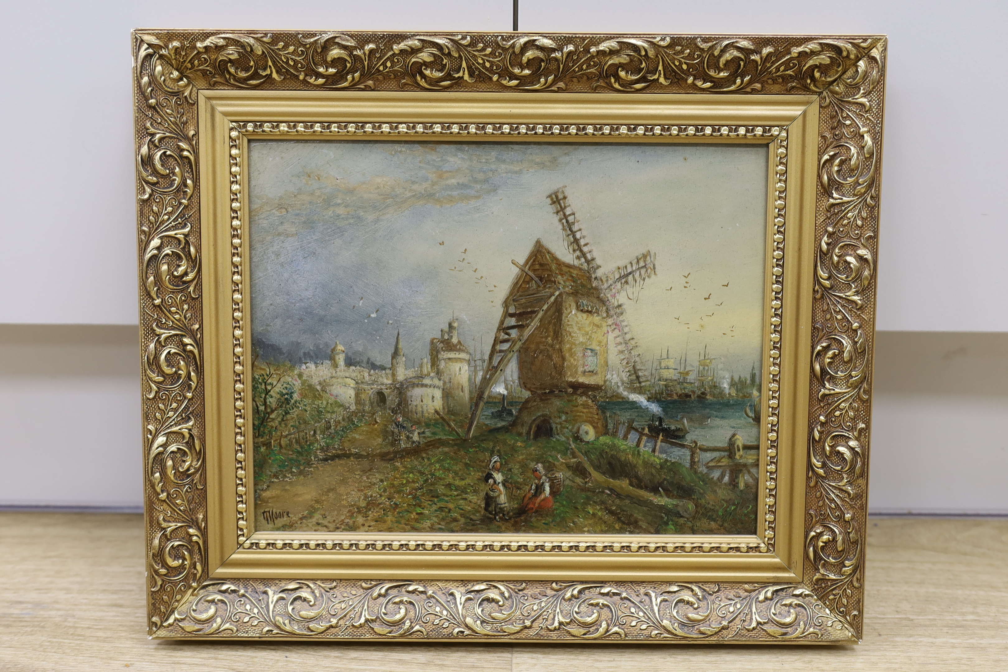 G. Moore (19/20th C.), oil on board, Dutch landscape with figures before a windmill, signed, 22 x 28cm